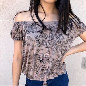 Vintage Tan Off-the-Shoulder Flower Print Blouse